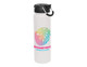 A drink bottle with a white body, black lid, and a multicoloured fingerprint design. It features a logo.