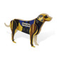 A wooden model of a police dog in black and yellow, featuring a police vest and a detailed design.