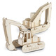 A wooden excavator model with intricate details, featuring a light wood finish and movable parts. It has a logo on one side.