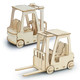 A wooden model of a forklift with two sections, featuring wheels and a steering wheel, in a natural wood finish.