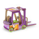 A purple and wooden forklift model with colourful details, showcasing a fun design. It features wheels and a steering wheel.