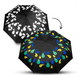 A black compact umbrella featuring colourful raindrop patterns in green, blue, and yellow, with a logo.