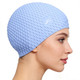A premium silicone swimming cap in light blue with a textured surface and a logo.