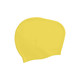 A yellow silicone swim cap designed for women with long hair, featuring a smooth, flexible material and a logo.