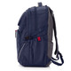 A blue and grey backpack with adjustable straps and a mesh side pocket. It features a logo on the surface.