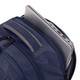 A navy backpack with multiple zippered compartments, featuring a laptop partially visible in one pocket.