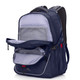 A navy blue backpack with a grey interior and multiple zippered compartments. It has padded straps and a logo.