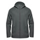 A men's wind jacket in dark green, featuring a hood and a front zip, with a logo on the chest.