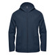 A navy wind jacket with a hood and a zipped front, featuring a logo on the chest area.