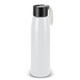 A drink bottle in white aluminium with a black lid and handle, featuring a logo on the body.