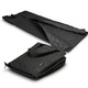 A black picnic blanket laid out flat, featuring a quilted texture, with a folded version showcasing a carrying handle.