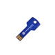 A blue square key flash drive with a branding logo and a keyhole for easy attachment.