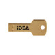 A gold square key flash drive with a key shape, featuring a logo on one side.