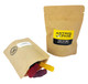 A compostable bag containing assorted colourful jelly babies, featuring a logo on the packaging.