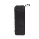 A black portable speaker with a rectangular design and a carry strap on top. It features a logo on the side.