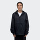 A black unisex windbreaker jacket with a hood, featuring elastic cuffs and a front zip.
