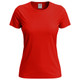 A red women's classic T-shirt with short sleeves and a plain design. It features a logo on the inside label.
