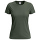 A green women's classic T-shirt with a round neckline and short sleeves, featuring a logo on the label.