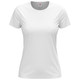 A white women's classic t-shirt with short sleeves and a round neckline, featuring a logo.