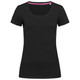 A black women's crew neck t-shirt featuring a rounded neckline and short sleeves. It has a logo on the garment.