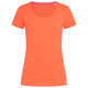 A women's crew neck t-shirt in vibrant orange with short sleeves and a scoop neckline, featuring a logo.