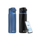 A drink bottle available in blue and black, featuring a logo and a digital display on top for smart features.