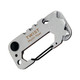 A silver multi-tool with a keyring attachment, featuring various tools and a branding logo.