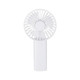 A portable white fan with a circular design and a handle. It includes a small logo on the side.