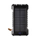 A black solar power bank with a textured surface, featuring solar panels and a leather strap. It has a logo.