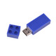 A blue stackable brick flash drive with four indents on the removable cover, featuring a USB connector.