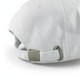 A white cap with a metal clasp at the back and a textured fabric finish. It features a branding logo.