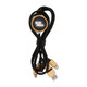A set of black charging cables with wooden ends, secured with a round wooden holder featuring a logo.
