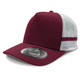 A maroon trucker cap with a mesh back, featuring striped accents and a logo on the front.