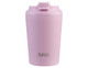 A ceramic-lined insulated coffee cup in light pink, featuring a secure lid and a branding logo.