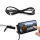 A charging cable in black with a logo, displayed alongside a phone on a stand playing a video.