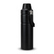 A drink bottle in sleek black with a secure lid and a carrying handle, featuring a logo.