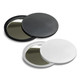 A set of two circular compact mirrors in black and white, each featuring a reflective surface.
