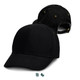 A black cap with a structured front and curved peak, featuring a logo and adjustable strap at the back.