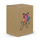 A gift box with a colourful design featuring a present and a decorative ribbon. The box is made of cardboard.