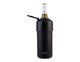 A drink bottle in matte black stainless steel with a carry handle and a bottle of wine inside. Features a logo.