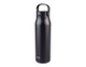 A drink bottle in matte black with a secure lid and a carry handle, featuring a logo on the side.