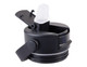 A drink bottle lid featuring a spout design and a locking mechanism, in black colour. The cap is partially opened.