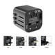 A black travel adapter with multiple plug options for UK, AUS, USA, and EU. Includes safety certifications and branding.