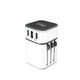 A white travel adapter featuring multiple USB ports and a logo on top.