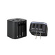 A black travel adapter with multiple socket options, USB ports, and a branding logo on one side.