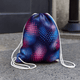 A full-colour drawstring bag in blue, pink, and purple with a patterned design and white drawstrings.