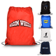 A red drawstring gym bag featuring a logo, surrounded by various coloured bags in black, blue, white, and grey.