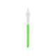 A green and white click pen with a smooth surface and a clear cap, featuring a logo on the barrel.
