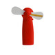 A red handheld fan with white blades and a yellow accent, featuring a logo on its body.
