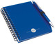 A blue notepad with a spiral binding and a matching pen, featuring a logo on the cover.
